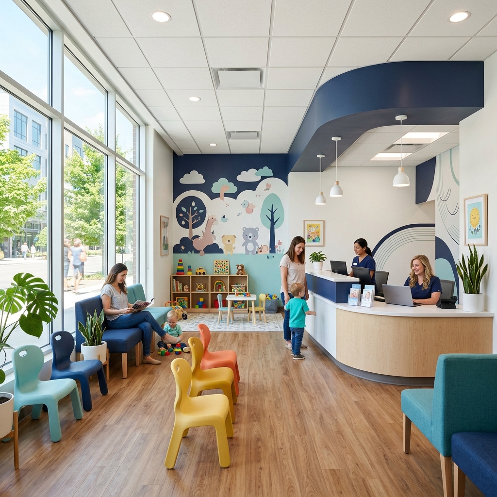 Welcoming waiting area at Tiny Steps Pediatric Urgent Care in Glendale