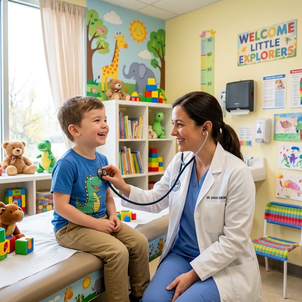 Friendly pediatrician examining a happy child at Tiny Steps Pediatric Urgent Care in Glendale